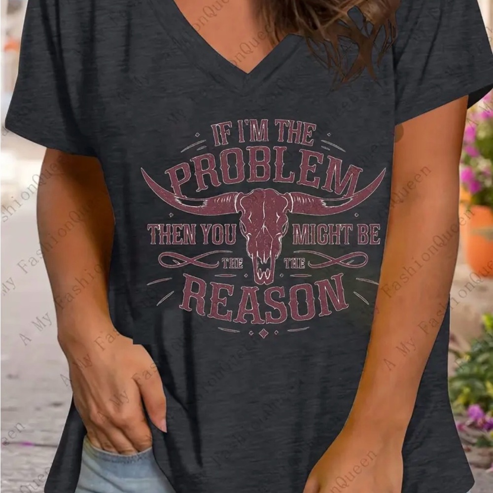 Graphic V-Neck Women’s Tee - Charcoal with Pink Print